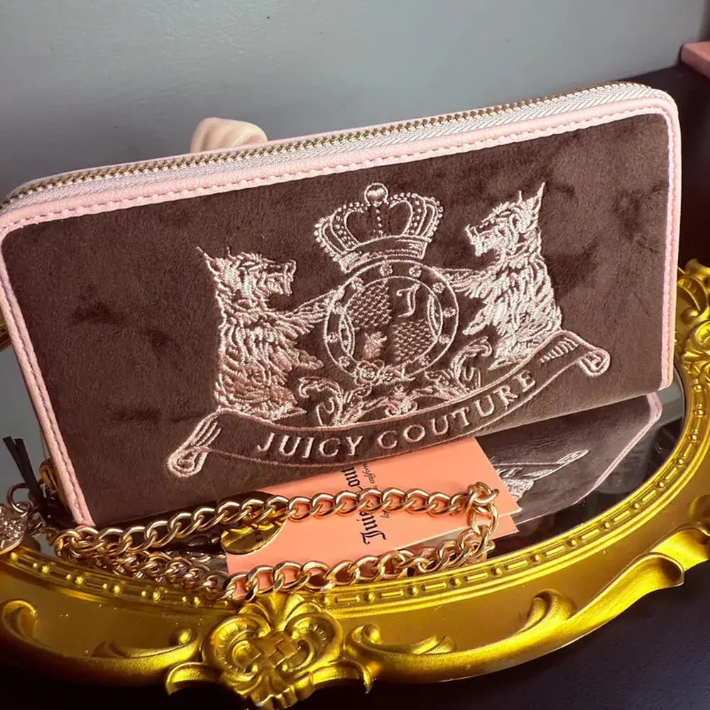 Juicy Couture Velour Zip Around Wallet Wristlet Brown Pink Chain NWT